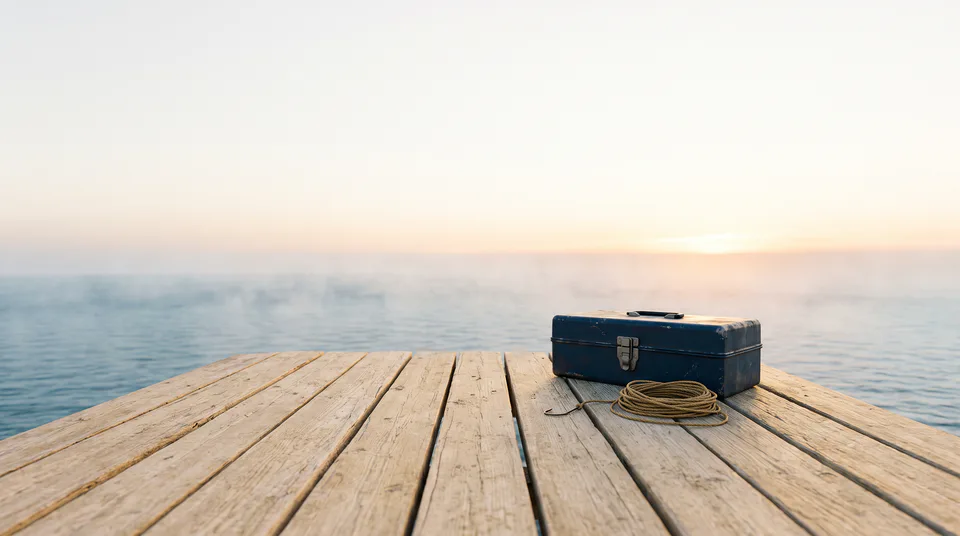 A closed tackle box on a wooden dock at first light